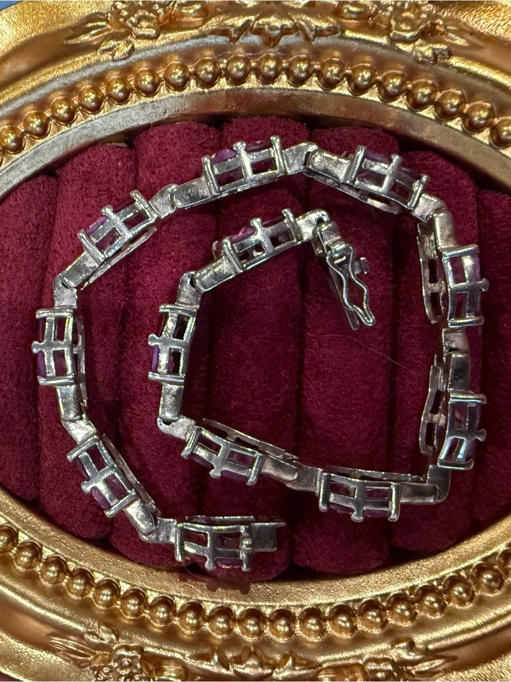 Gold Tone over Silver Bracelet with Pink and Red Rhinestones